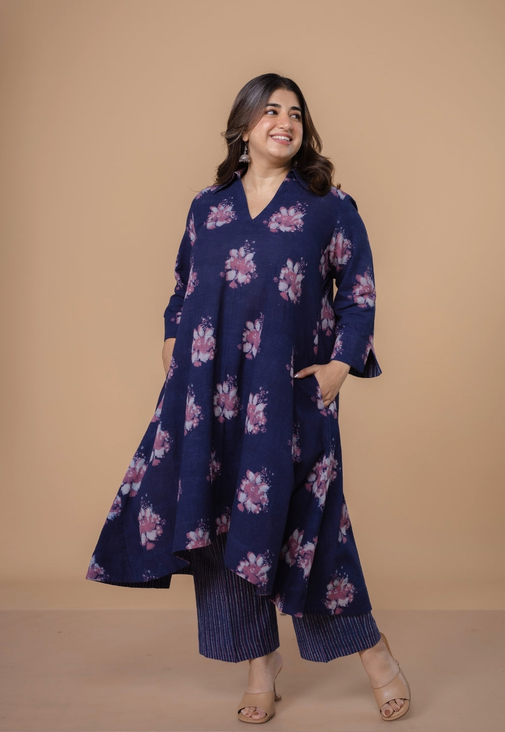 Simran Purple Dabu Slub Cotton A Line Kurta