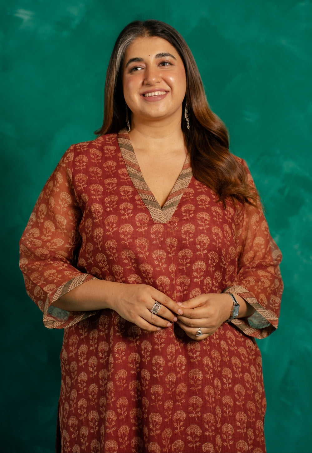 Zeenat Red Bagru Kota Doria Cotton Straight Kurta