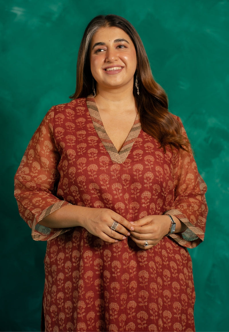 Zeenat Red Bagru Kota Doria Cotton Straight Kurta