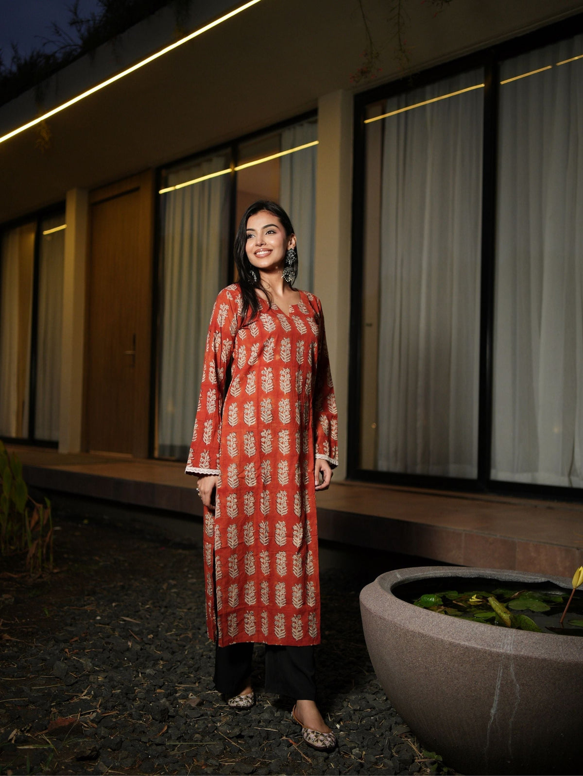 Falak Rust Red Handblock Cotton Long Kurta