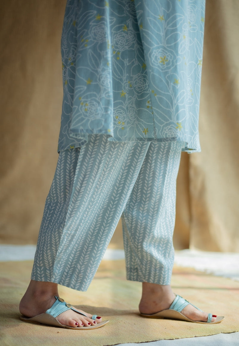Tarin Sky Blue Hand Block Print Slub Cotton Afghan Pant