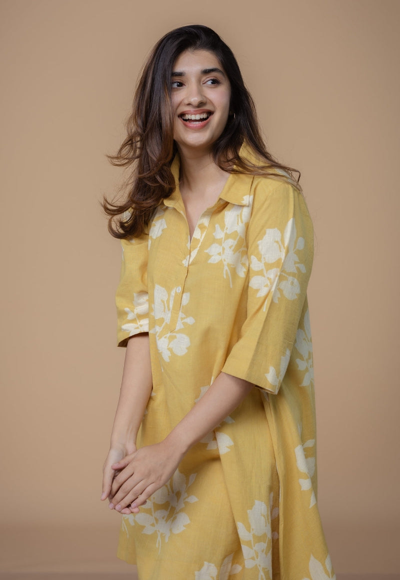 Srisha Yellow Dabu Slub Cotton A Line Dress