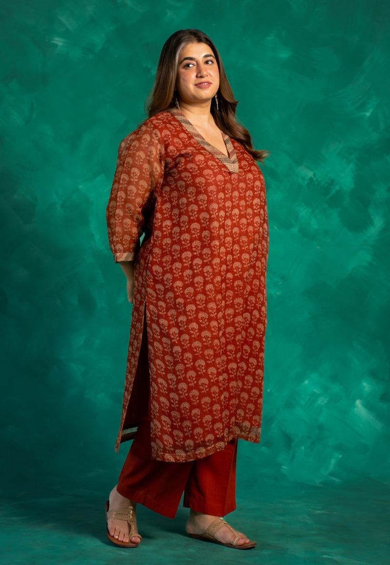 Zeenat Red Bagru Kota Doria Cotton Straight Kurta