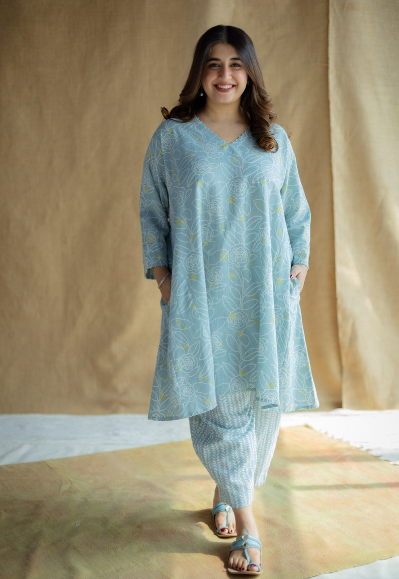 Tarin Sky Blue Hand Block Print Slub Cotton Afghan Pant