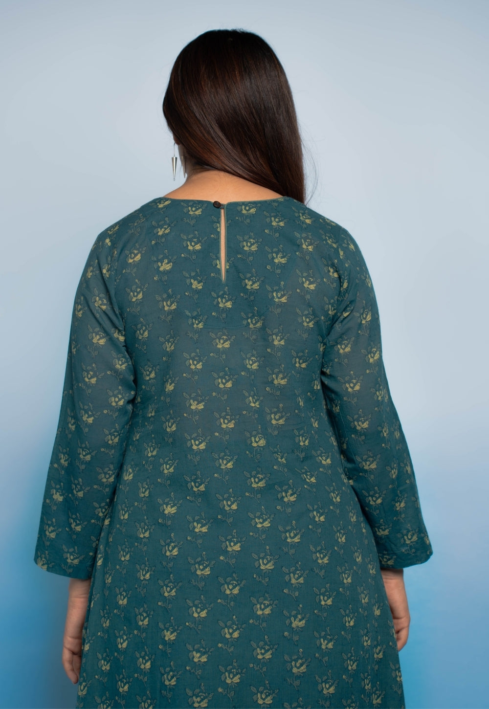 Tahira Teal Blue Dabu Mul Cotton A Line Kurta