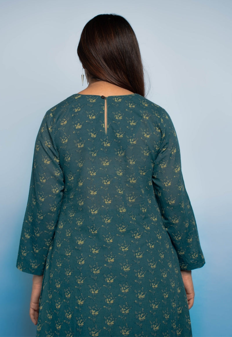Tahira Teal Blue Dabu Mul Cotton A Line Kurta