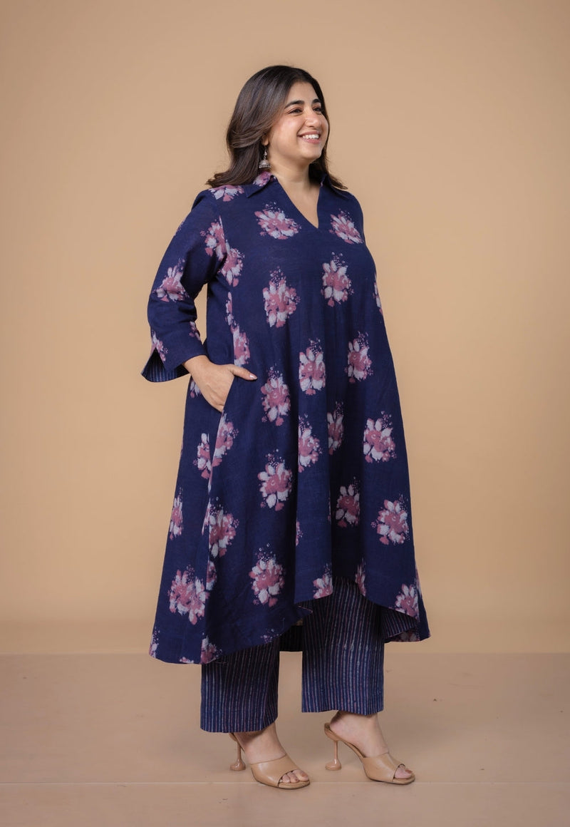 Simran Purple Dabu Slub Cotton A Line Kurta