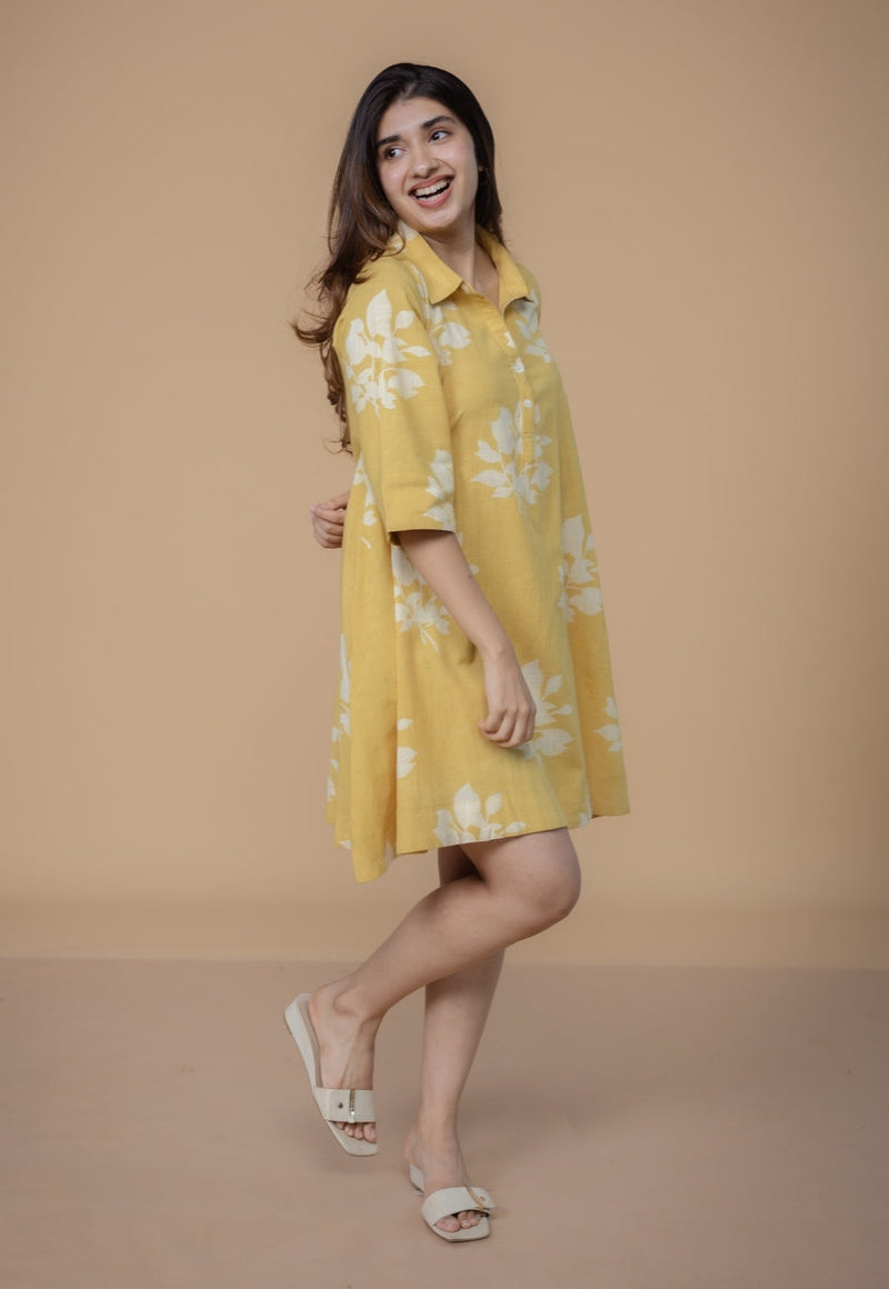 Srisha Yellow Dabu Slub Cotton A Line Dress