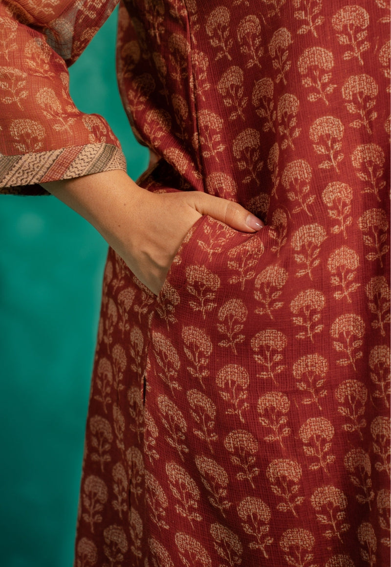 Zeenat Red Bagru Kota Doria Cotton Straight Kurta
