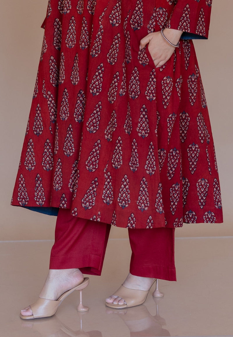 Yami Red Solid Slub Cotton Palazzo