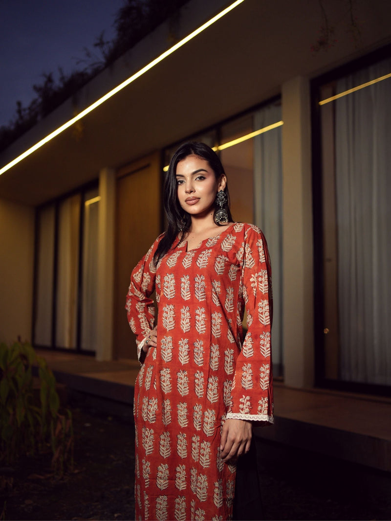 Falak Rust Red Handblock Cotton Long Kurta