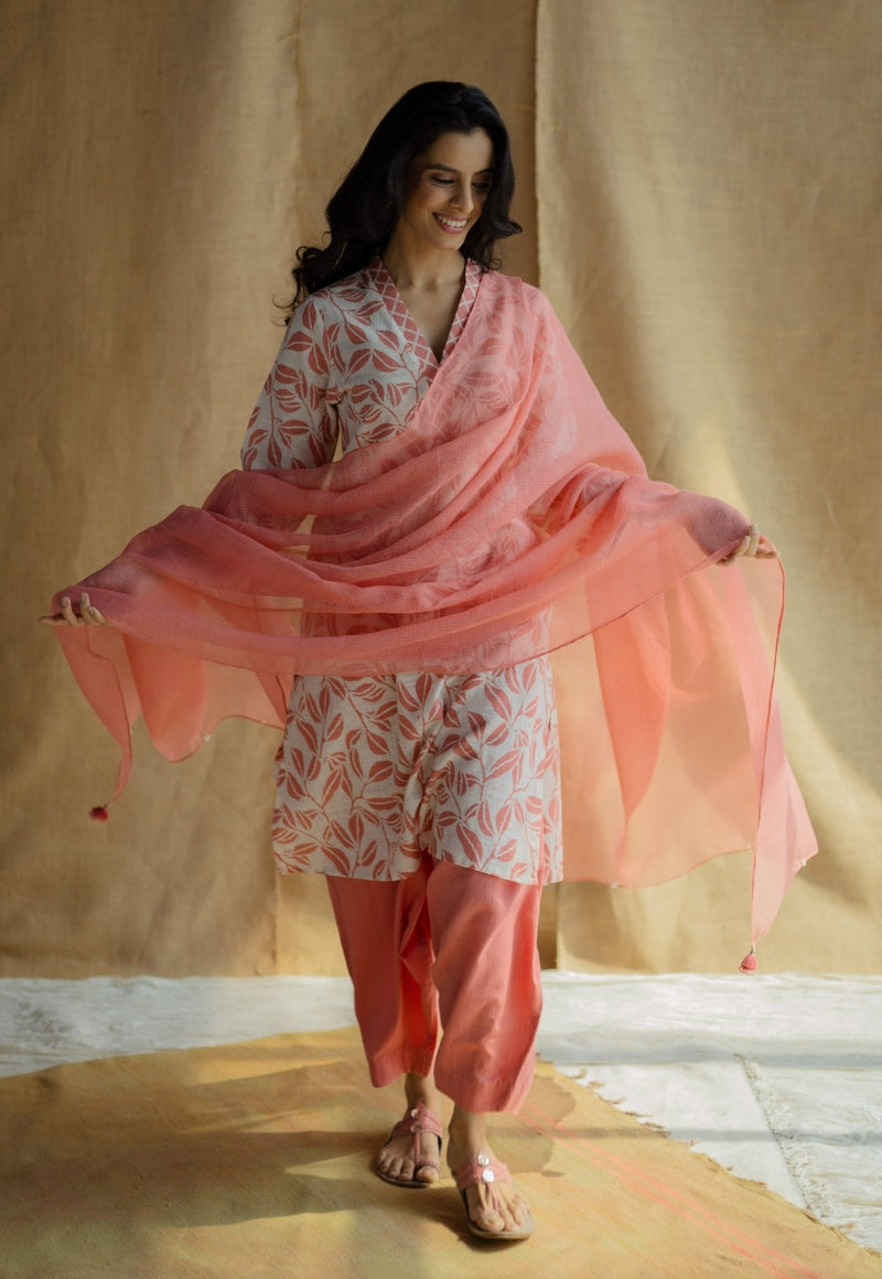 Avika Coral Hand Block Print Slub Cotton Straight Kurta