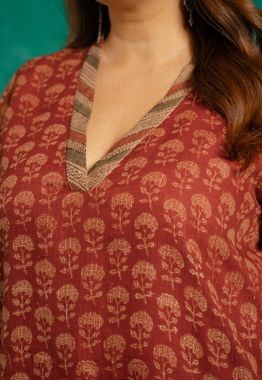 Zeenat Red Bagru Kota Doria Cotton Straight Kurta