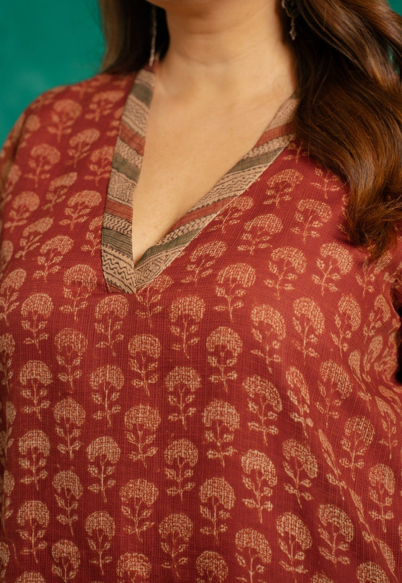 Zeenat Red Bagru Kota Doria Cotton Straight Kurta