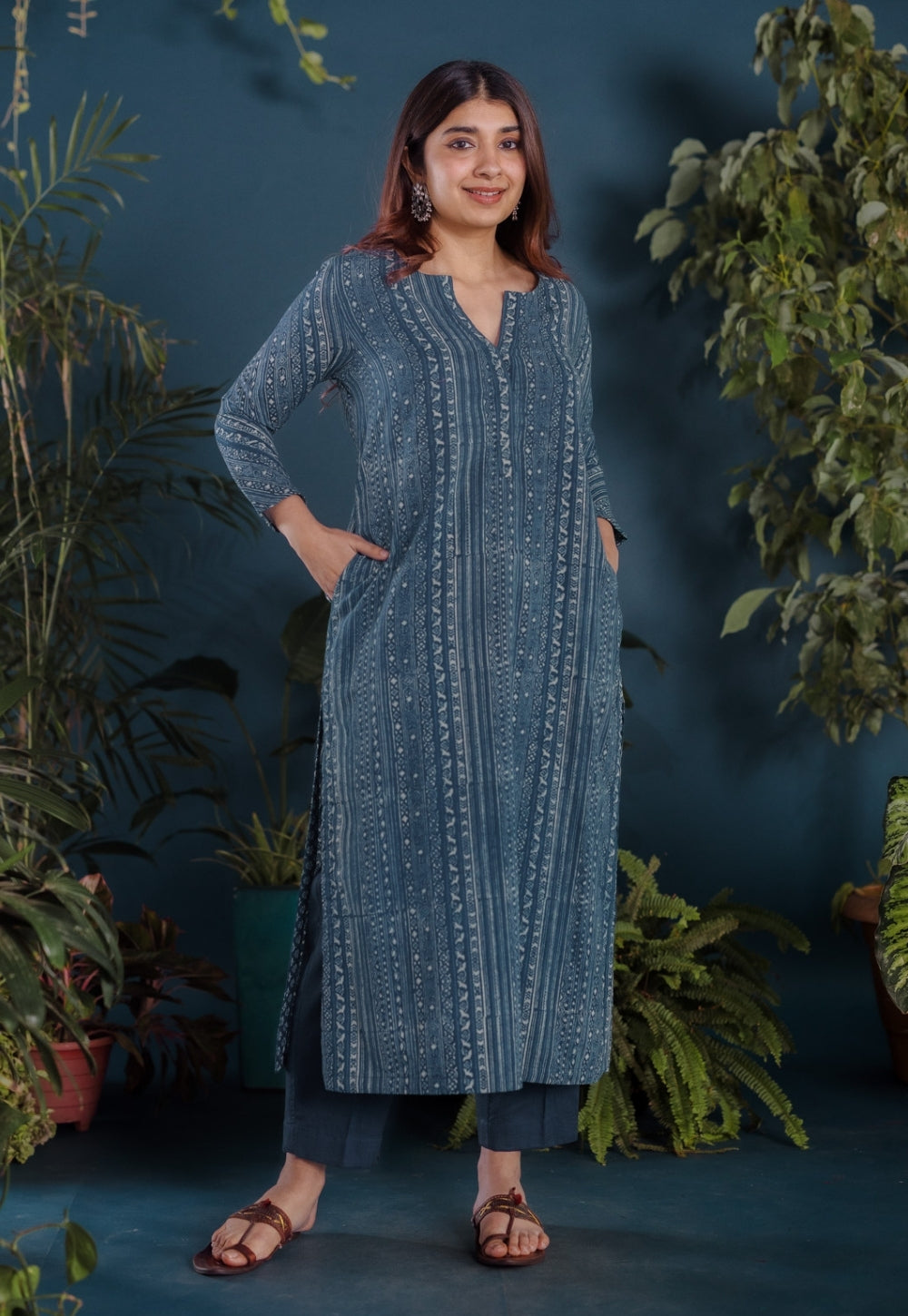 Haya Blue Ajrakh Cotton Straight Kurta