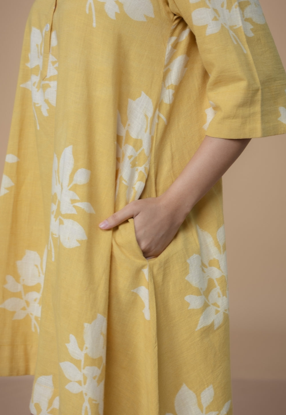 Srisha Yellow Dabu Slub Cotton A Line Dress