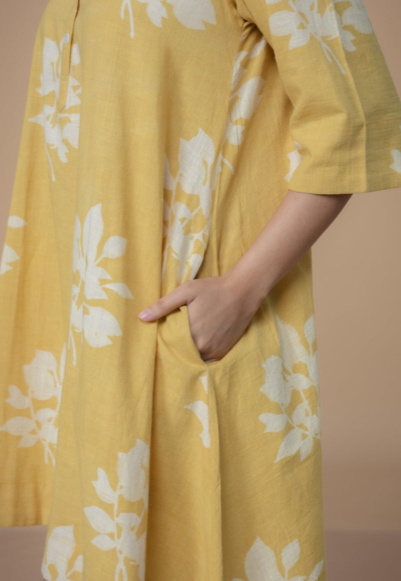 Srisha Yellow Dabu Slub Cotton A Line Dress