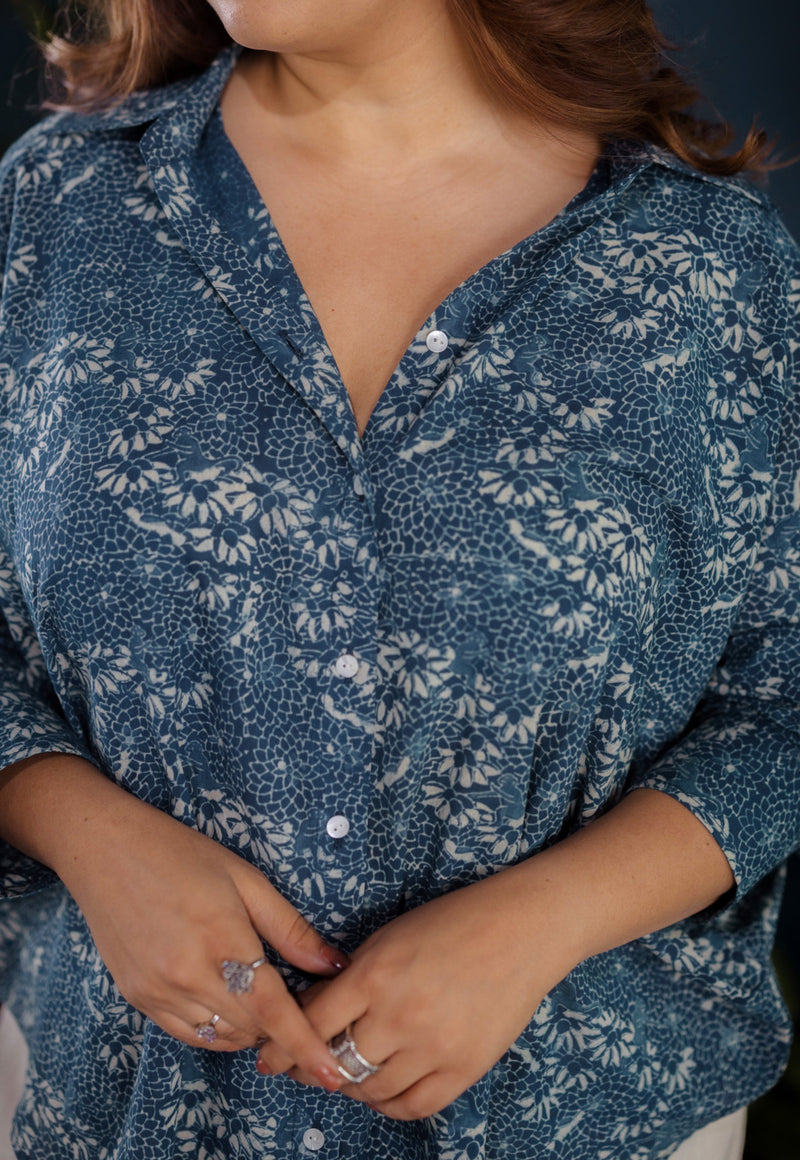 Ruhi Blue Ajrakh Cotton Straight Shirt