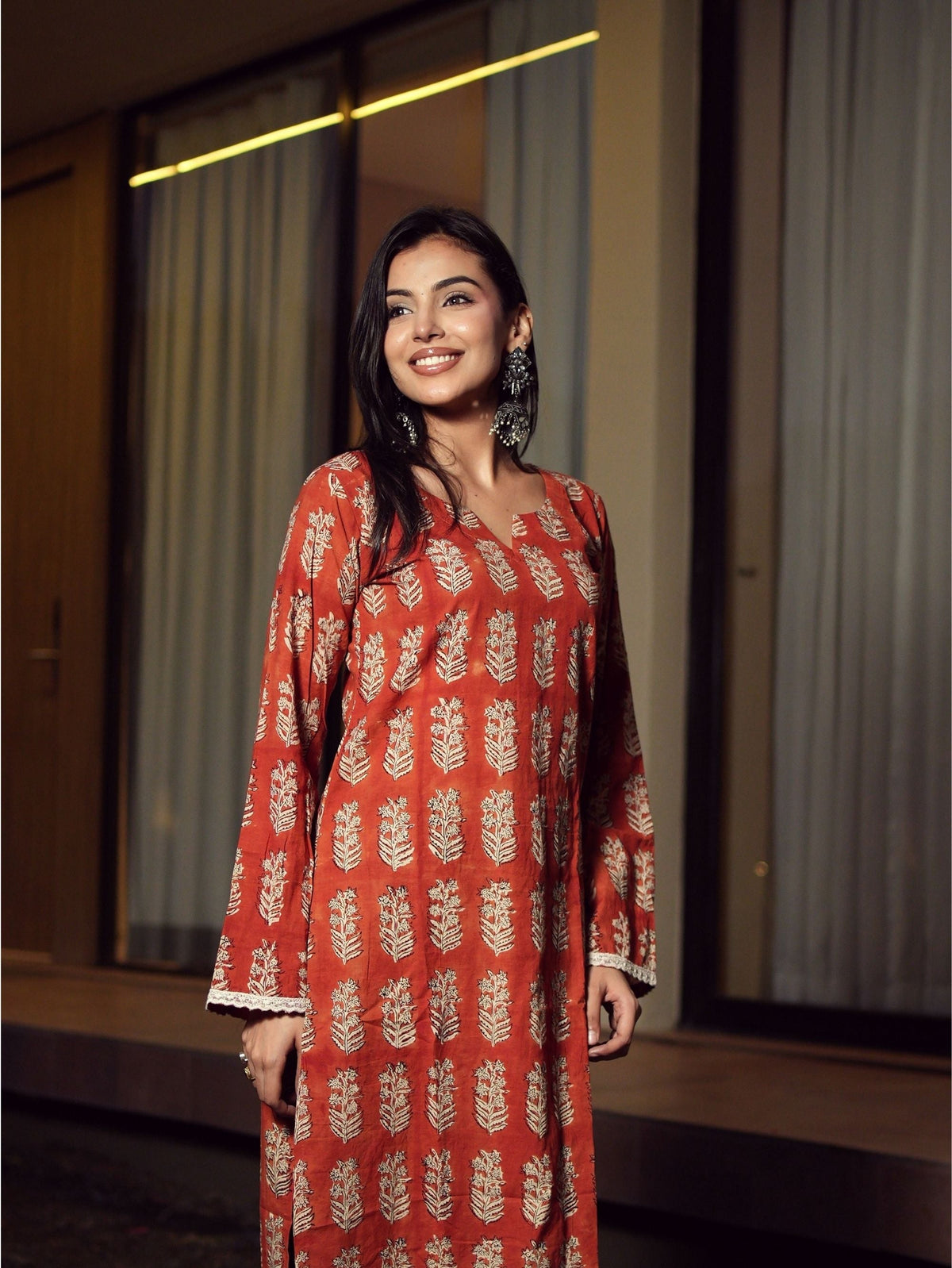 Falak Rust Red Handblock Cotton Long Kurta