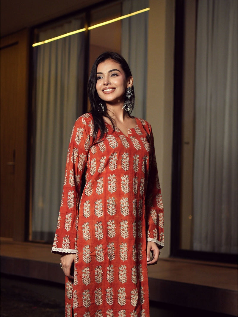 Falak Rust Red Handblock Cotton Long Kurta