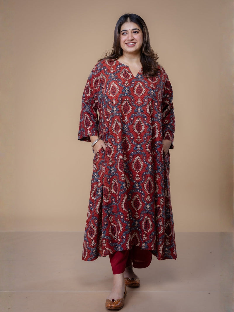 Aashi Red Ajrakh Cotton Jhabbha Kali Kurta