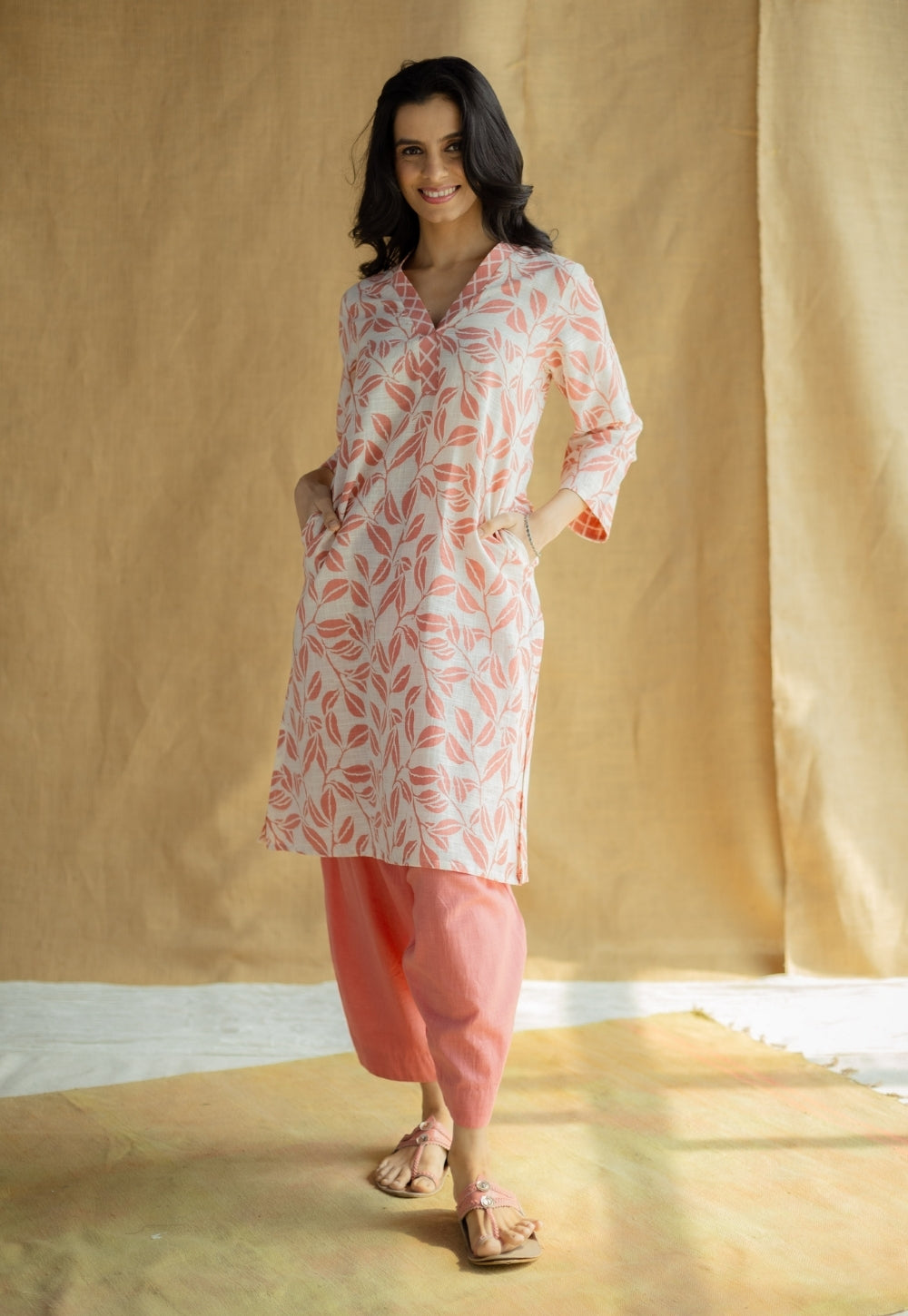Avika Coral Hand Block Print Slub Cotton Straight Kurta