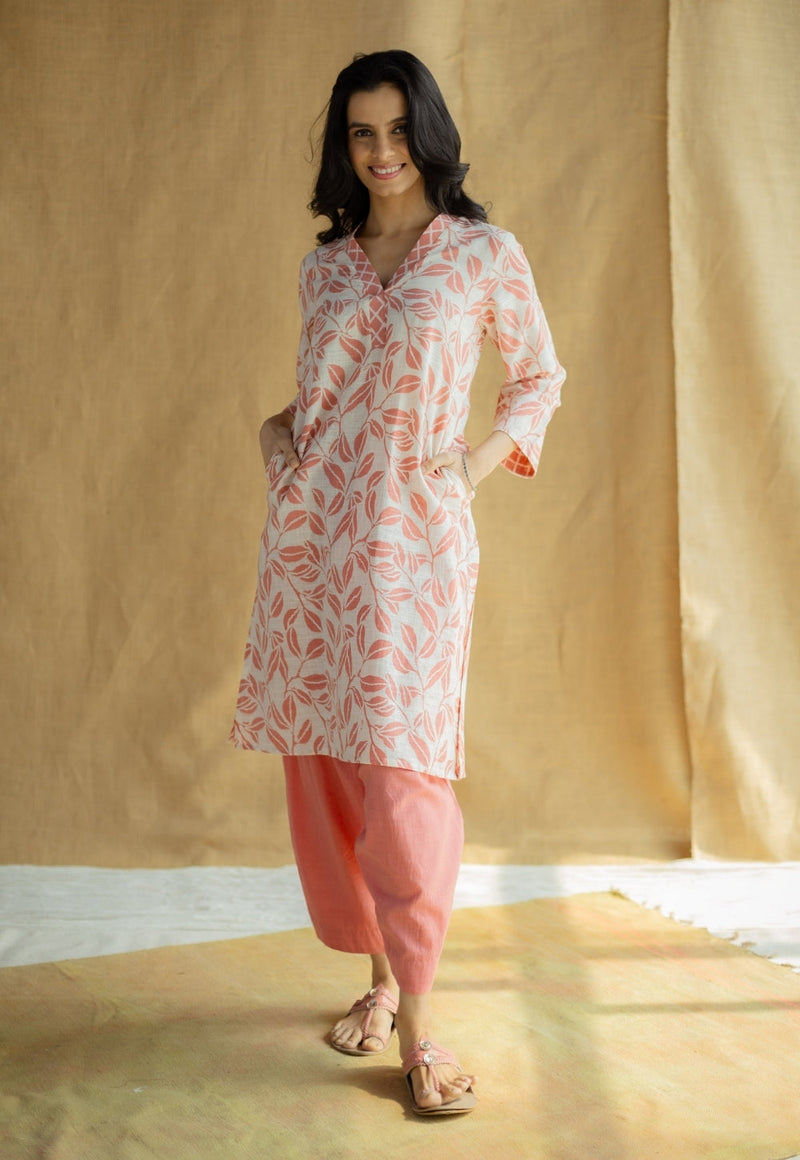 Avika Coral Hand Block Print Slub Cotton Straight Kurta