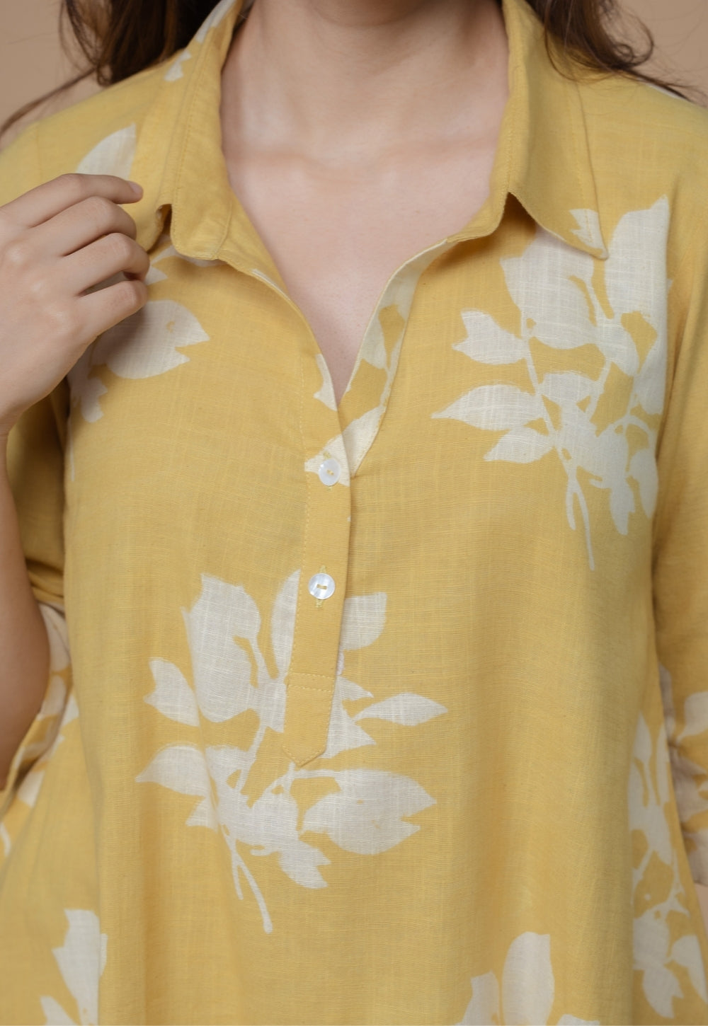 Srisha Yellow Dabu Slub Cotton A Line Dress