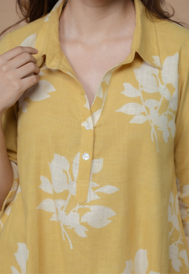 Srisha Yellow Dabu Slub Cotton A Line Dress