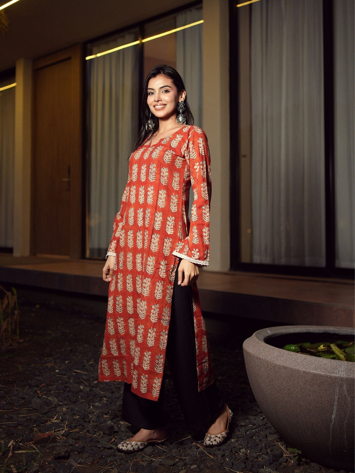 Falak Rust Red Handblock Cotton Long Kurta