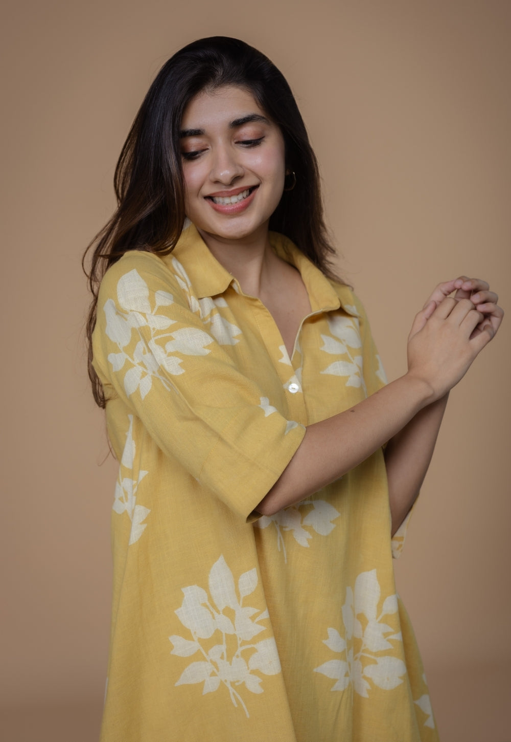 Srisha Yellow Dabu Slub Cotton A Line Dress