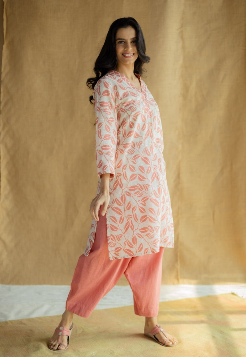 Avika Coral Hand Block Print Slub Cotton Straight Kurta