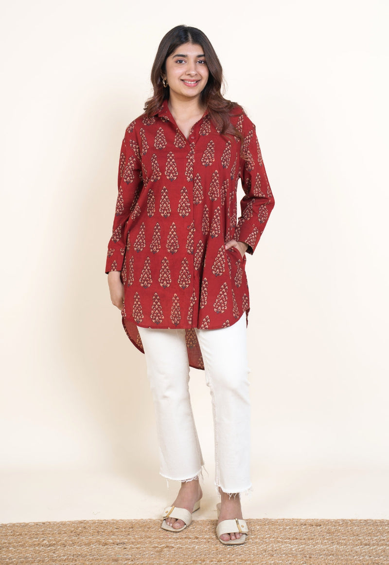 Cyra Red Ajrakh Cotton Anti-Fit Short Top