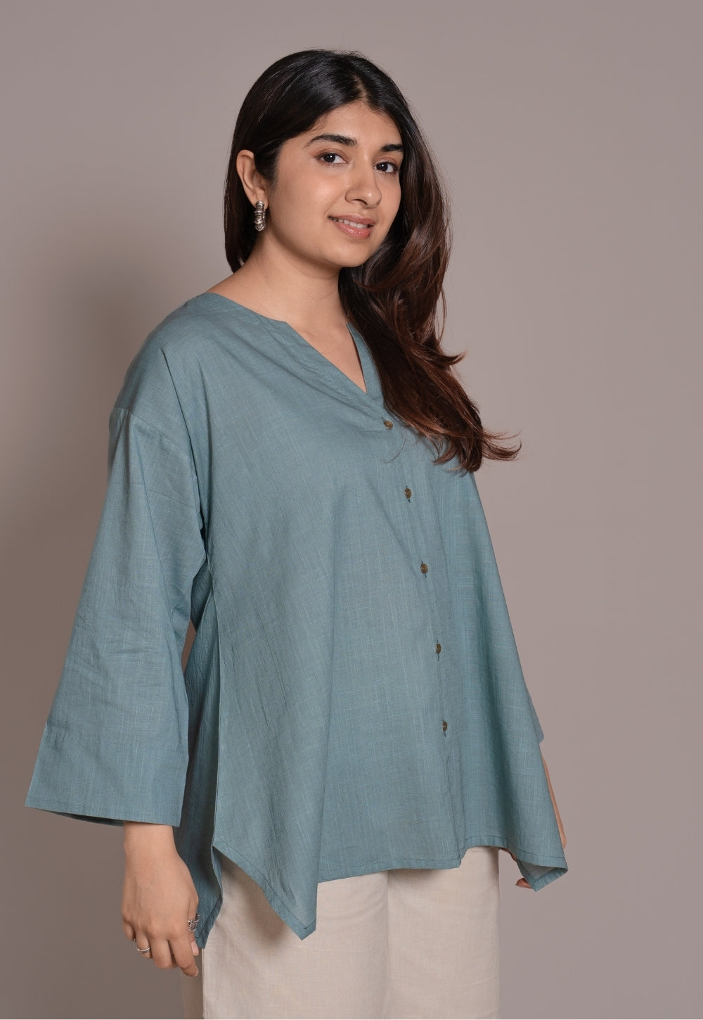 Light Blue Solid Slub Cotton Straight Short Top - DyeVerse