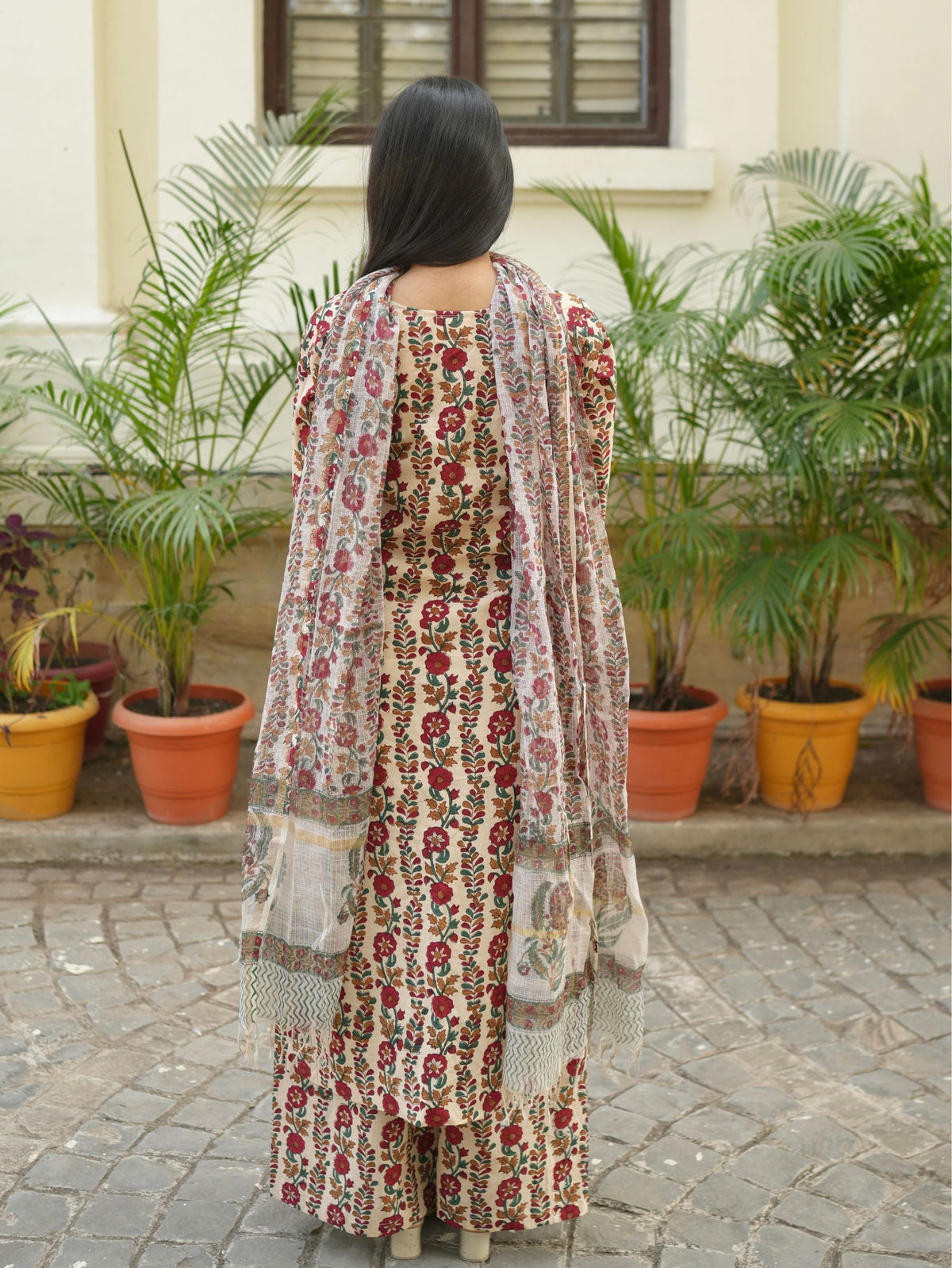 Biba Beige Handblock Cotton Straight Suit Set