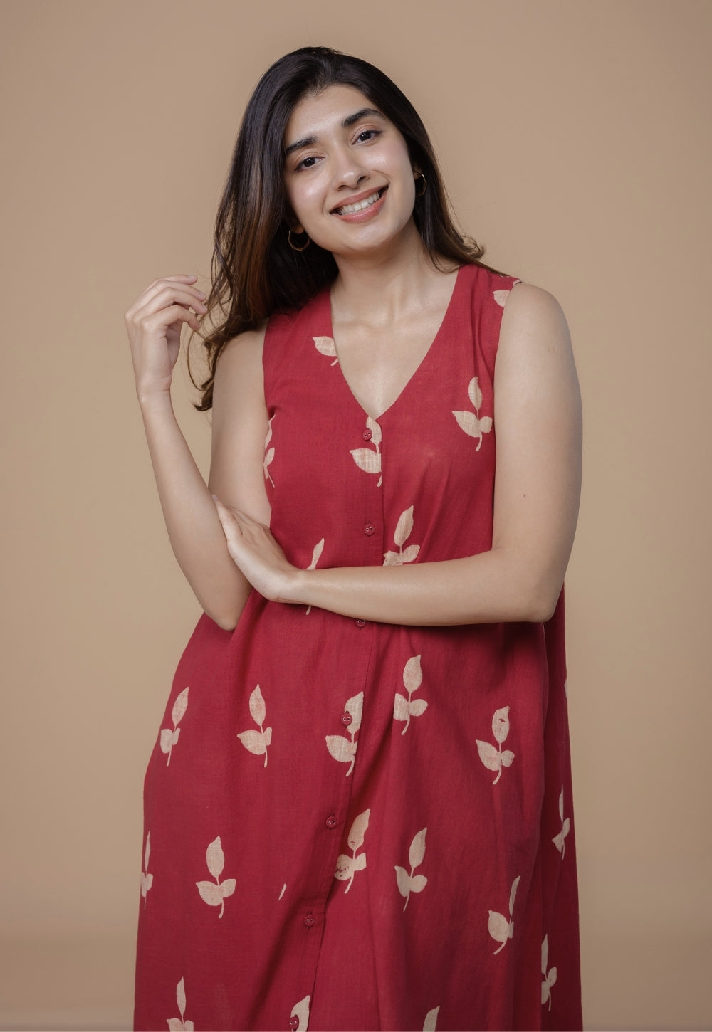 Siaa Red Dabu Slub Cotton A Line Dress