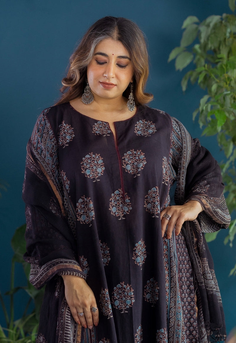 Garima Black Ajrakh Cotton Jhabbha Kali Kurta with Hand Embroidery