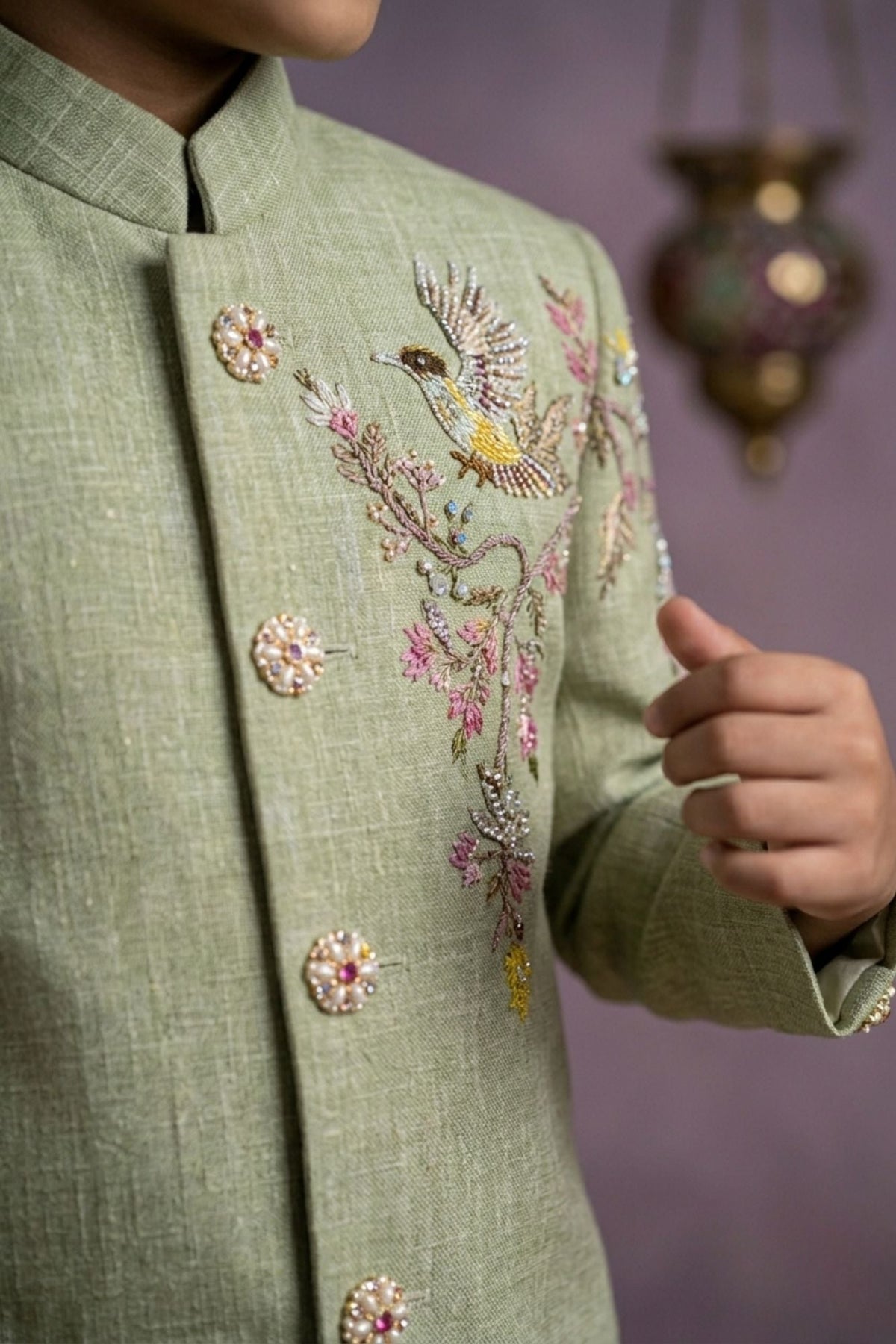 Pista Green Jodhpuri Suit With Bird Embroidery And Floral Detailing For Boys