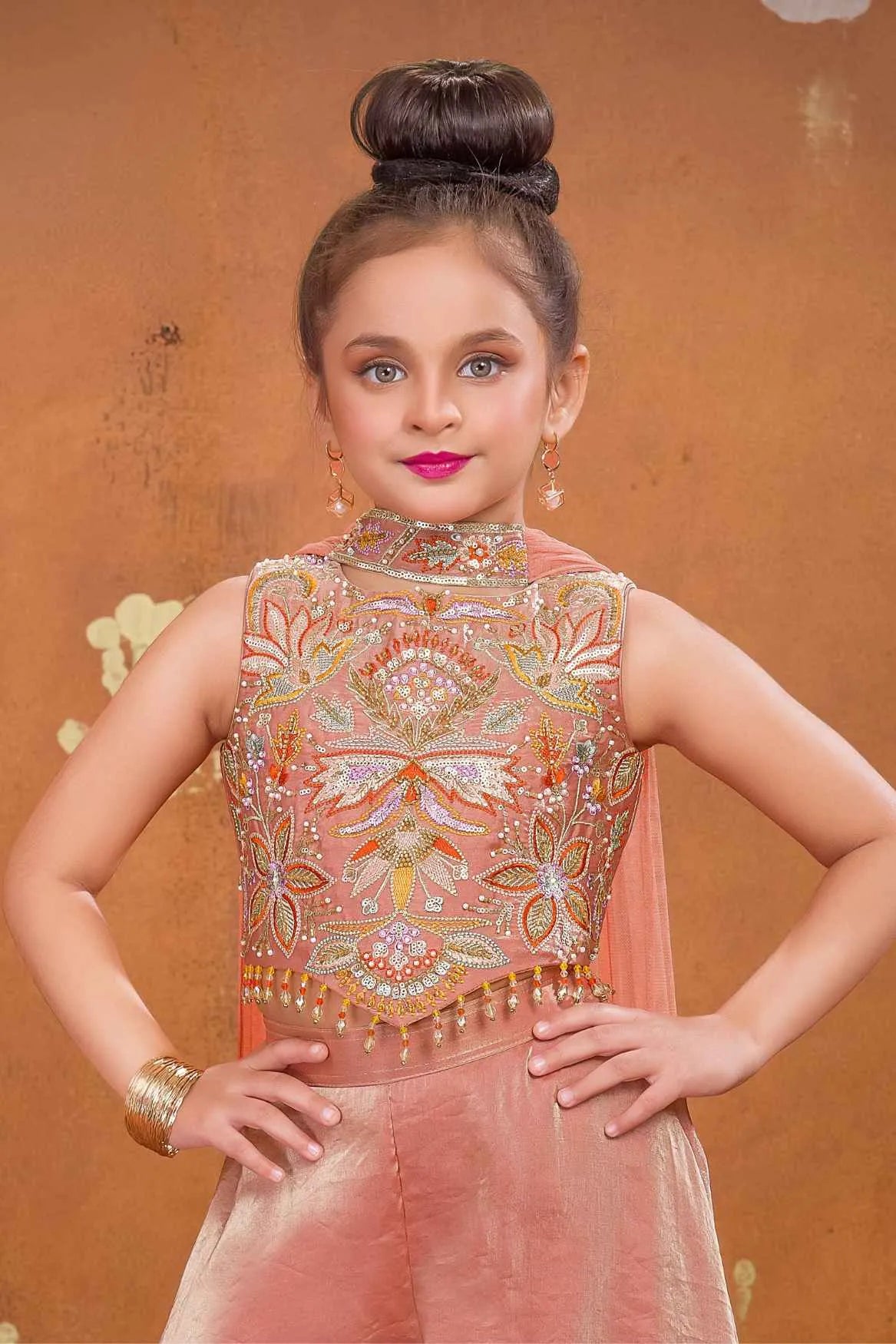 Peach Embroidered Palazzo Set For Girls