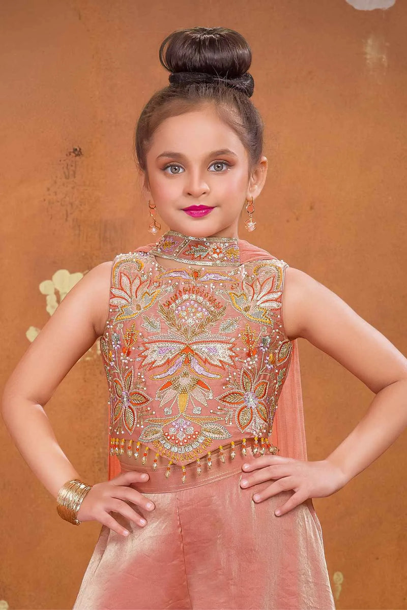 Peach Embroidered Palazzo Set For Girls