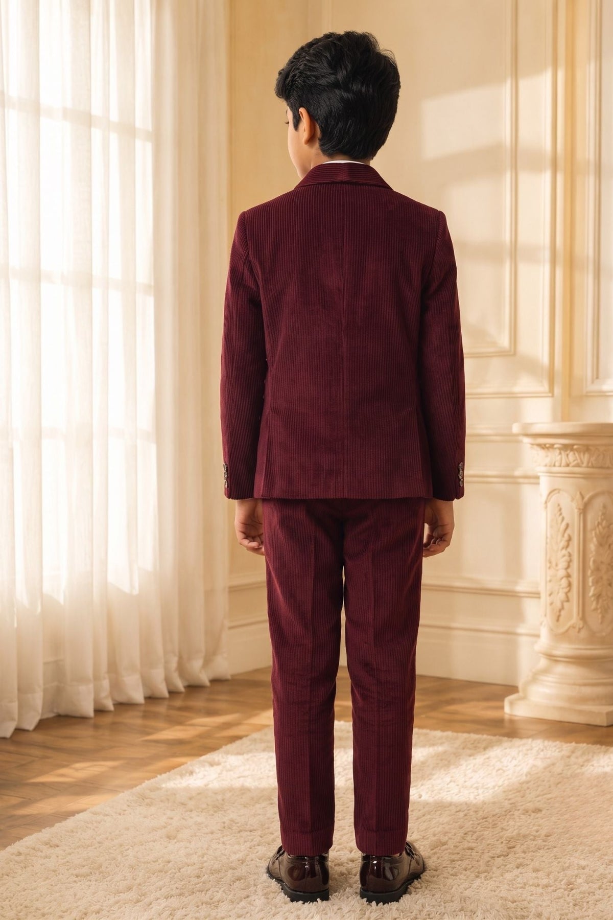 Boys Maroon Embroidered Shawl Collar Party Wear Suit Set