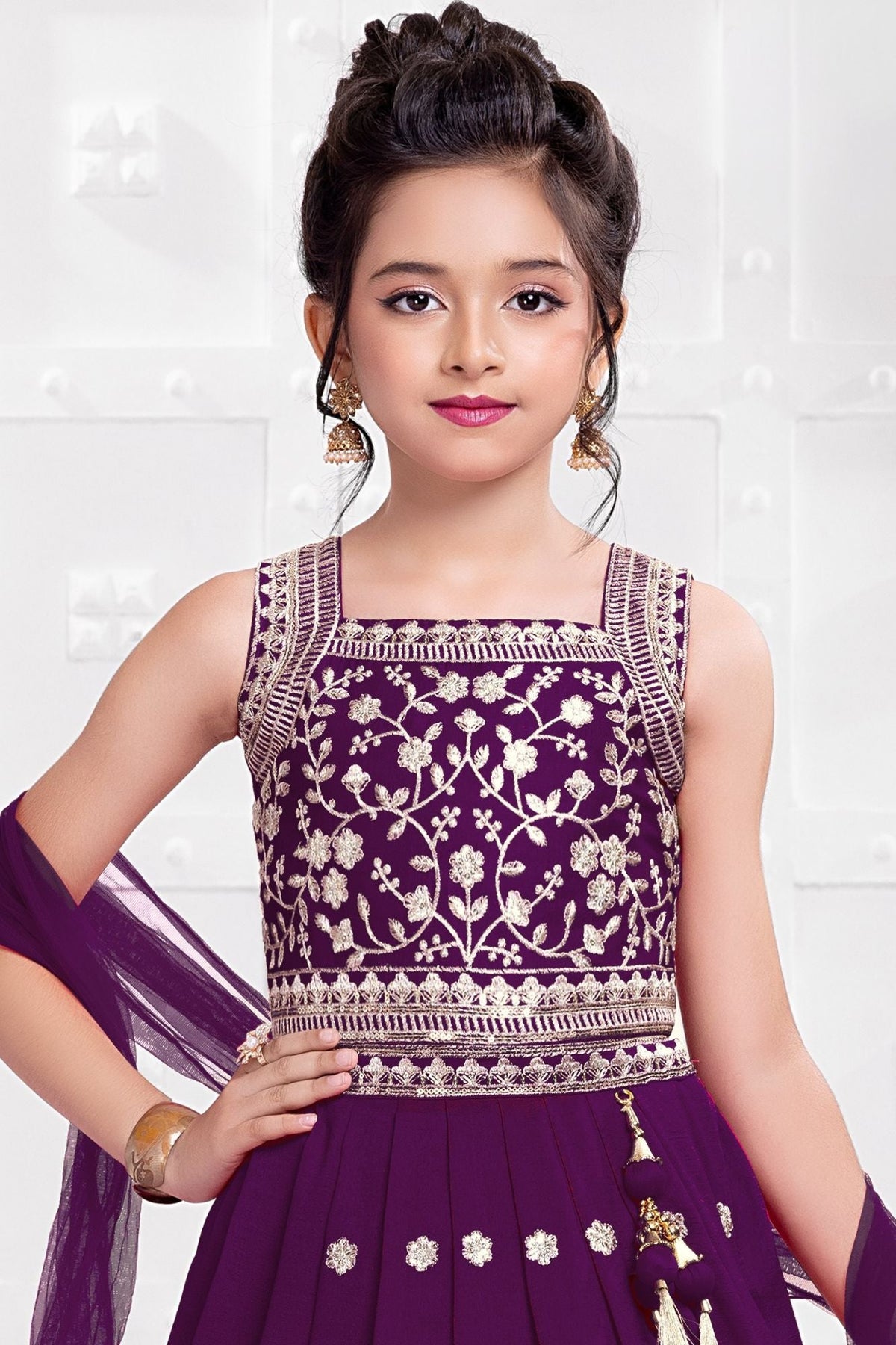 Purple Embroidered Lehenga Choli Set with Dupatta for Girls