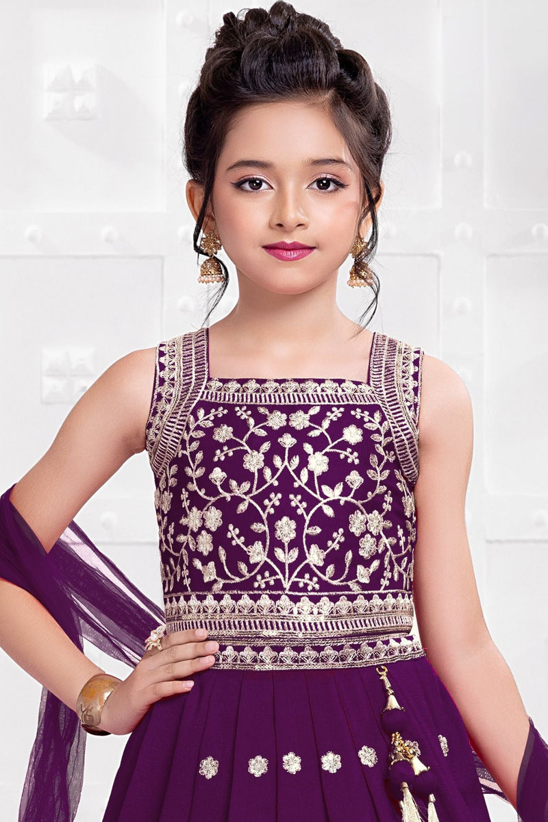 Purple Embroidered Lehenga Choli Set with Dupatta for Girls