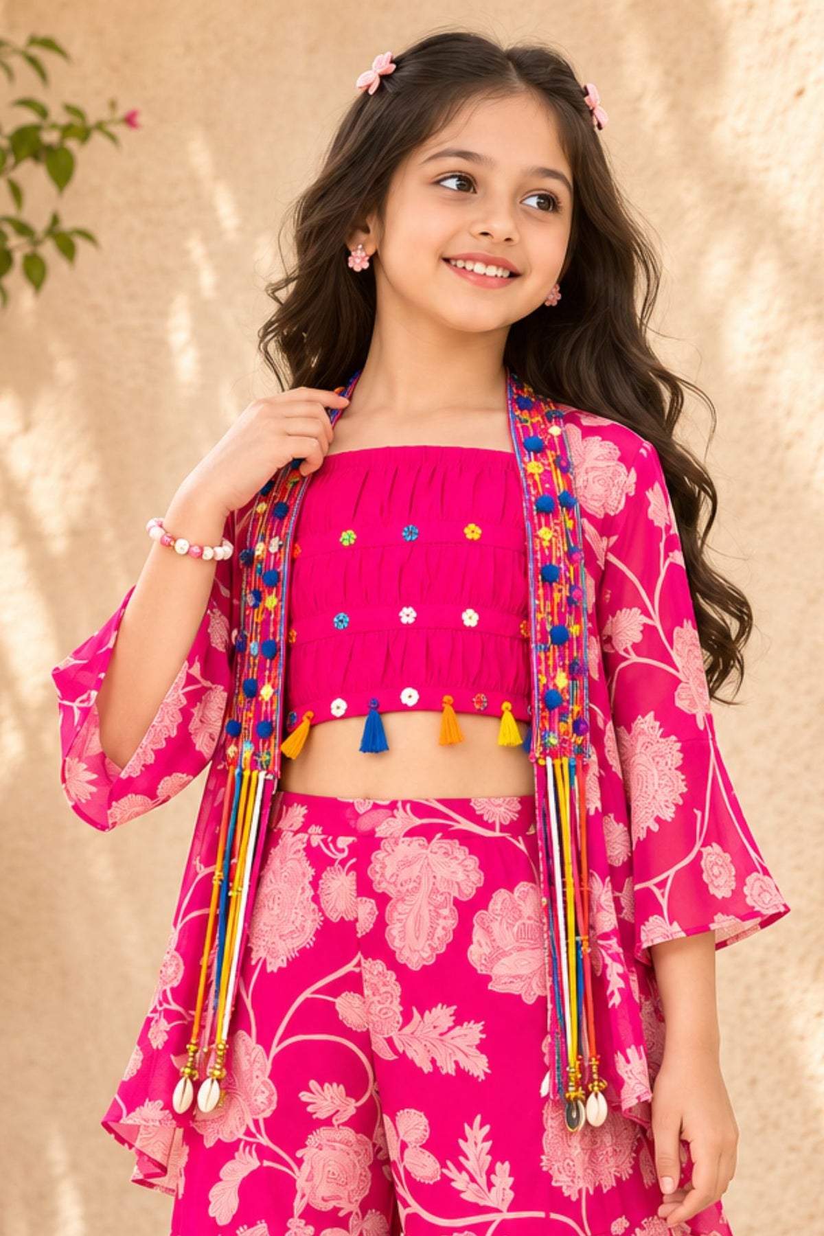Pink Printed Co-Ord Set With Embellished Overcoat For Girls
