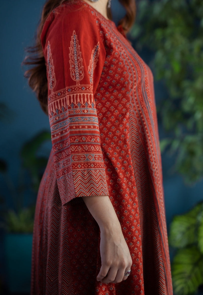 Pranika Red Ajrakh Cotton Kali Kurta with Hand Embroidery