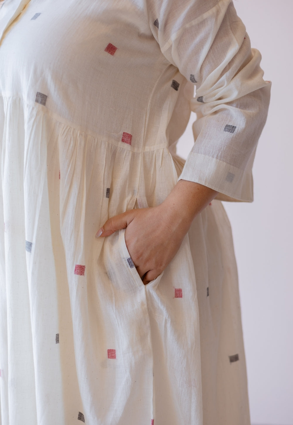 Rhea Off White Jamdani Handloom Cotton A Line Dress