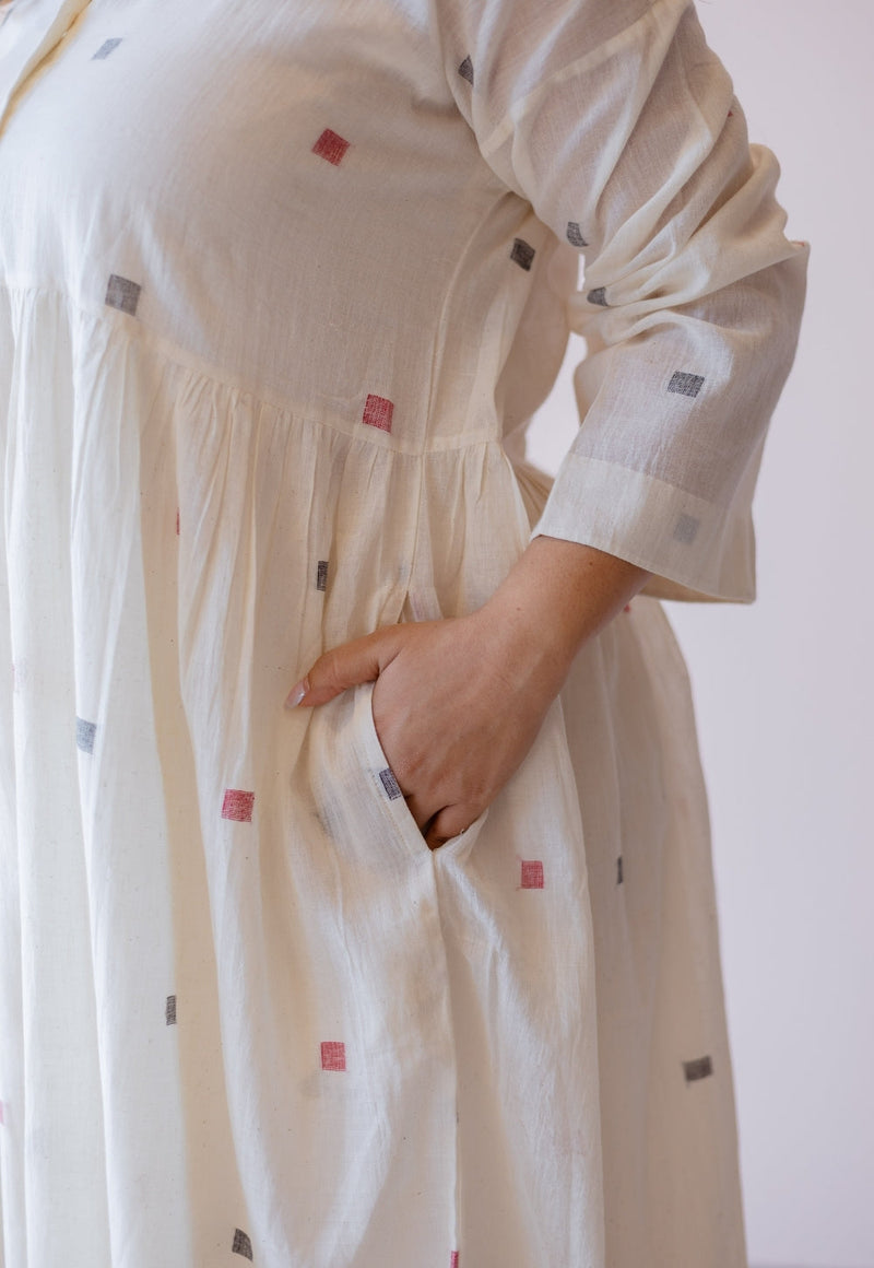 Rhea Off White Jamdani Handloom Cotton A Line Dress