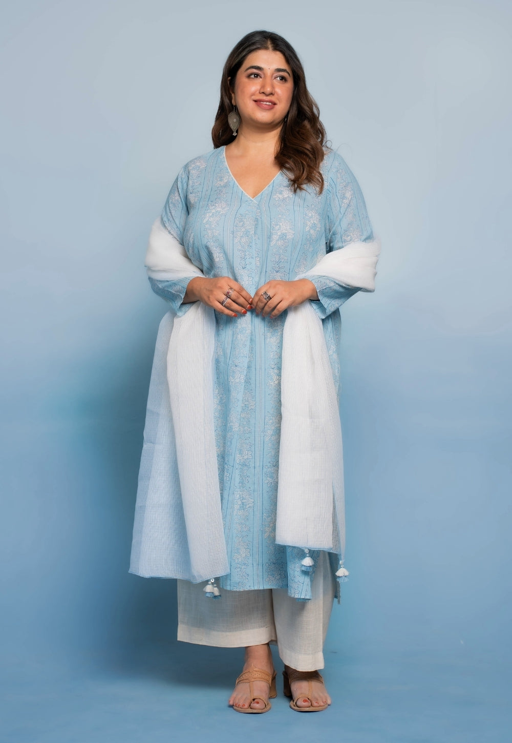 Raila Blue Dabu Mul Cotton Straight Kurta