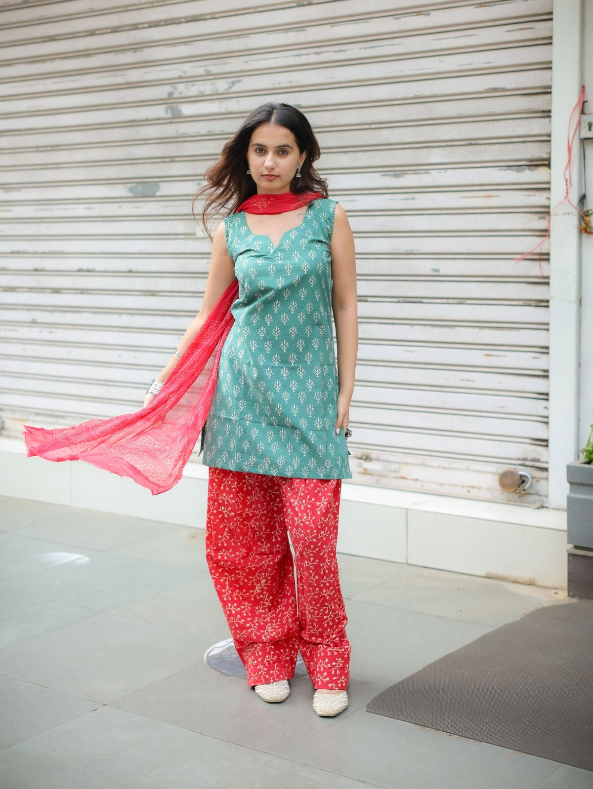 Ruby Sage Green & Red Farshi Salwar Set with cotton Dupatta