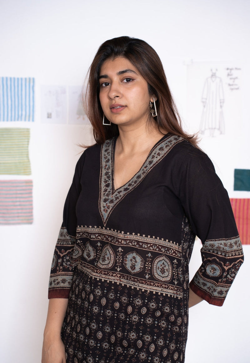 Elisha Black Ajrakh Cotton Straight Kurta
